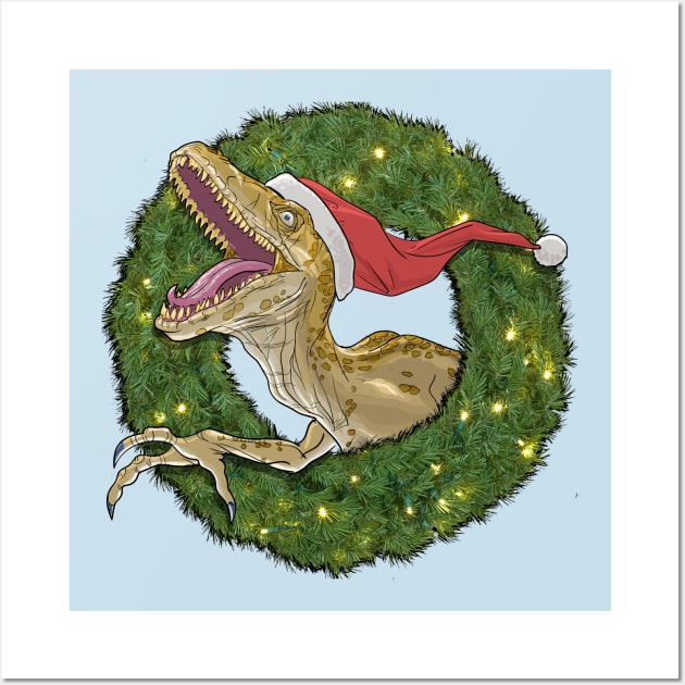 Velociraptor and Christmas Wreathe Wall Art by AyotaIllustration